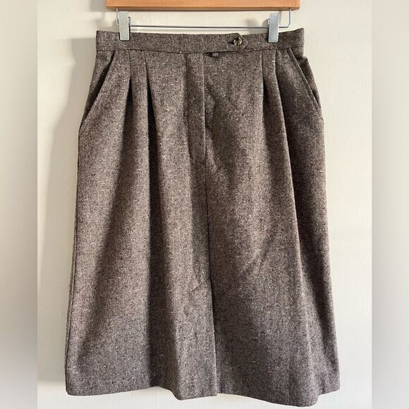 Vintage 70s Wool Tweed Skirt Brown Size M High Waist Midi Fall Academia - Picture 2 of 11
